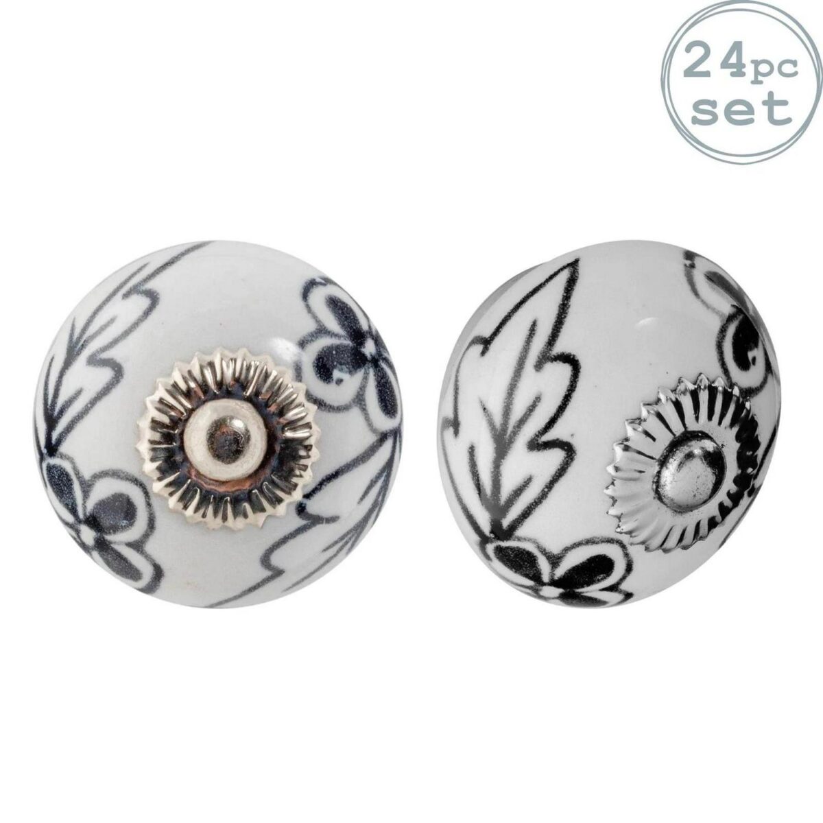 24x Round Ceramic Cabinet Knobs Cupboard Door Drawer Handles Black Flower - Image 1