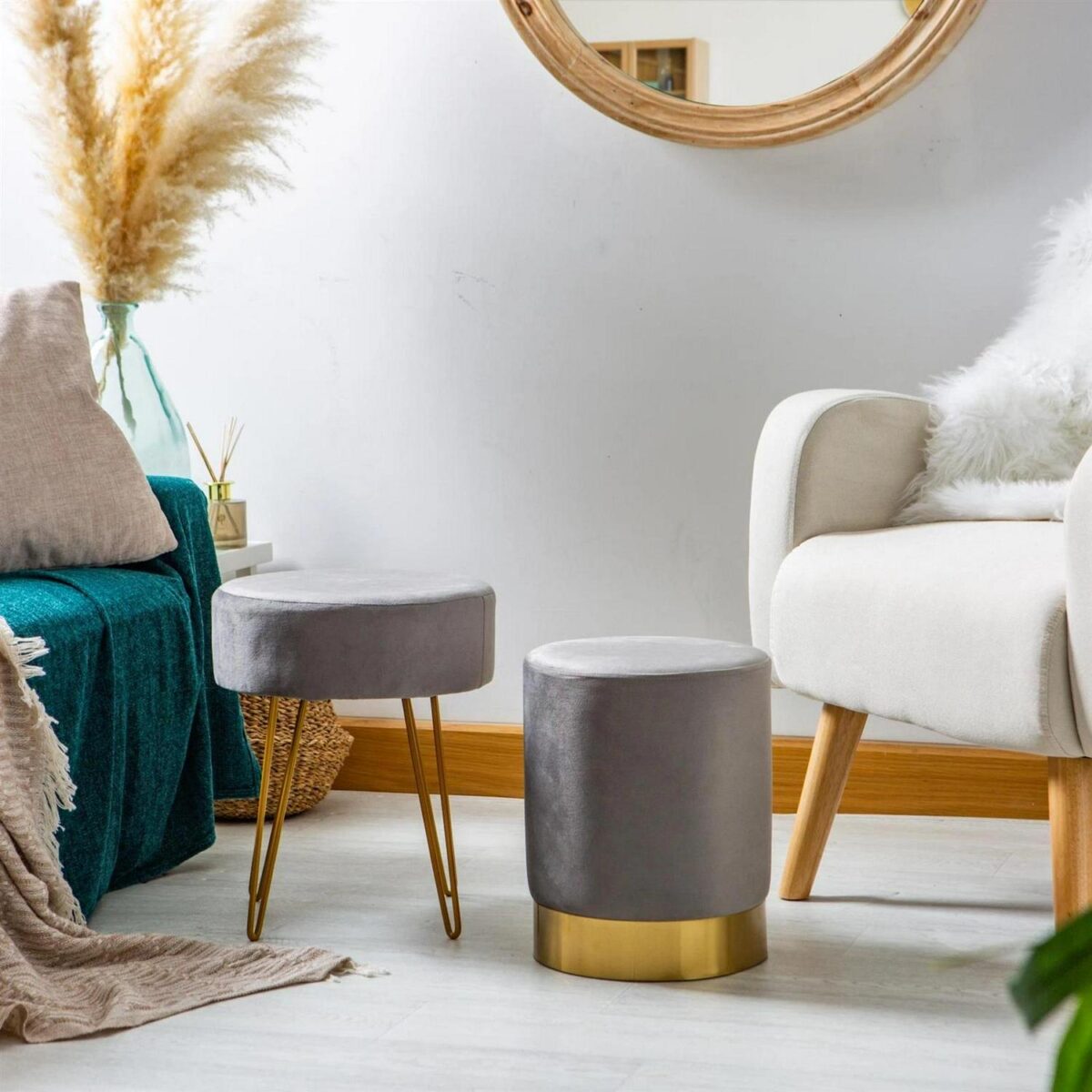 2 Piece Round Velvet Footstools Set Bedroom Dressing Table Accent Pouffe Grey - Image 7