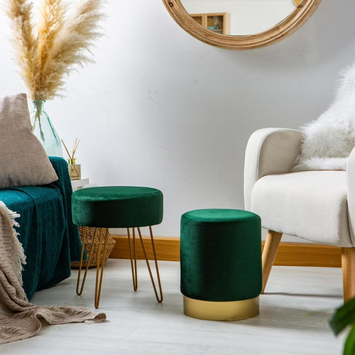 2 Piece Round Velvet Footstools Set Bedroom Dressing Table Accent Pouffe Green - Image 7
