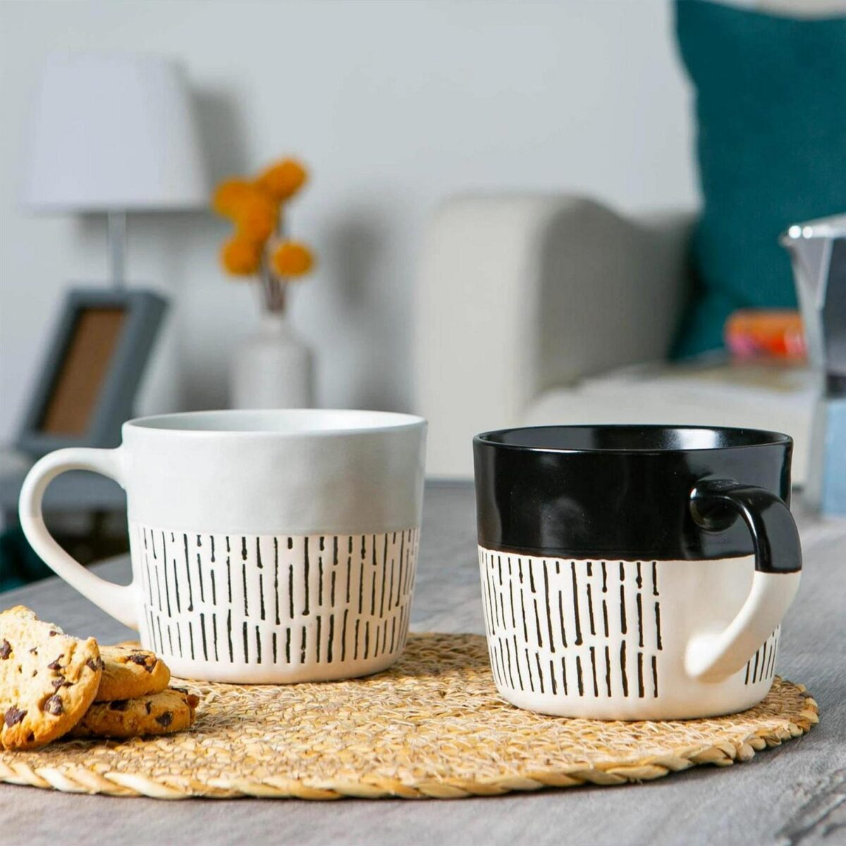 2pc Black/Grey 450ml Dipped Dash Stoneware Coffee Mug Set Large Ceramic Tea Cups - Image 6