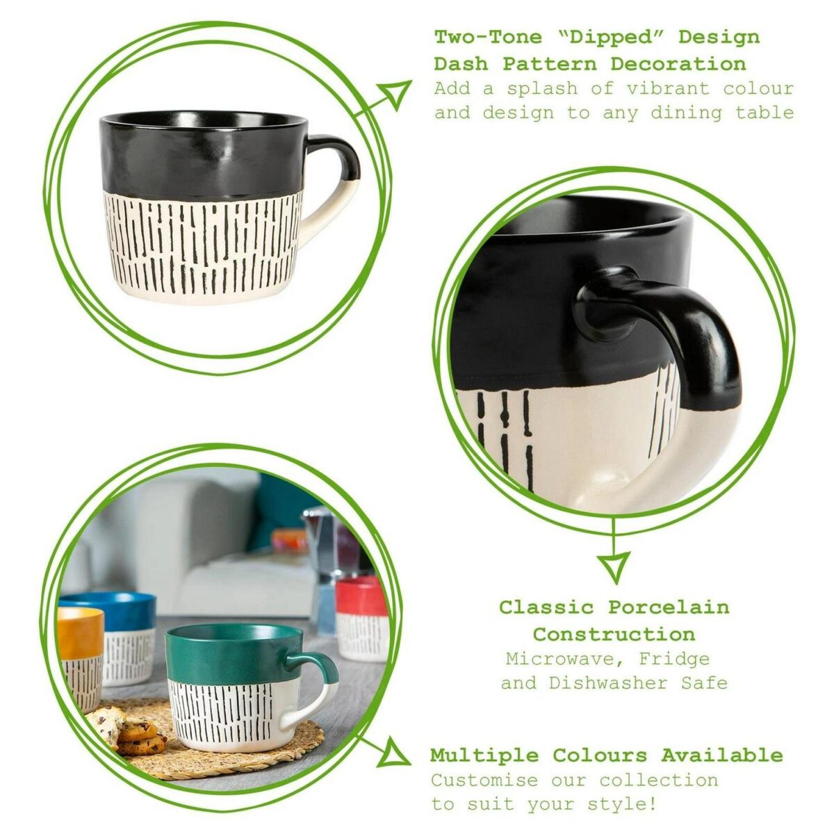 2pc Black/Grey 450ml Dipped Dash Stoneware Coffee Mug Set Large Ceramic Tea Cups - Image 2
