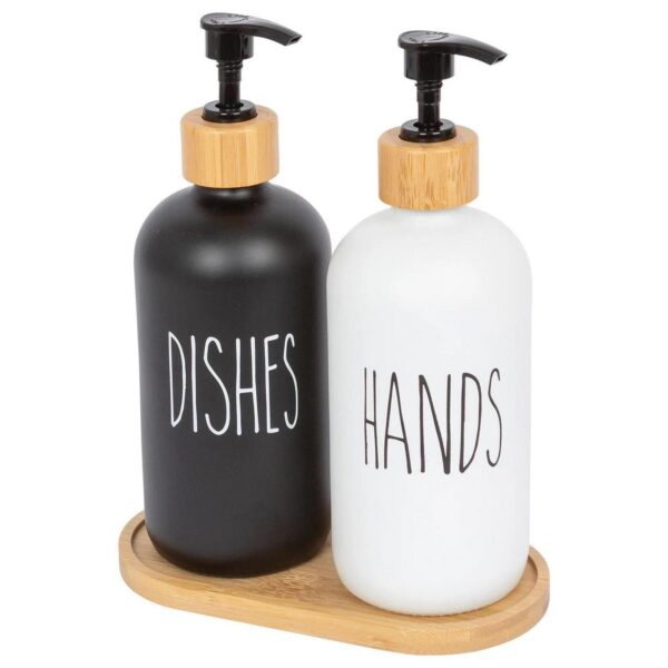 2pc Glass Hand and Dish Soap Dispenser Set with Bamboo Tray 500ml White/Black