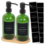 2pc Glass Soap Dispenser Set with Bamboo Tray and Labels 500ml Green Liquid Pump