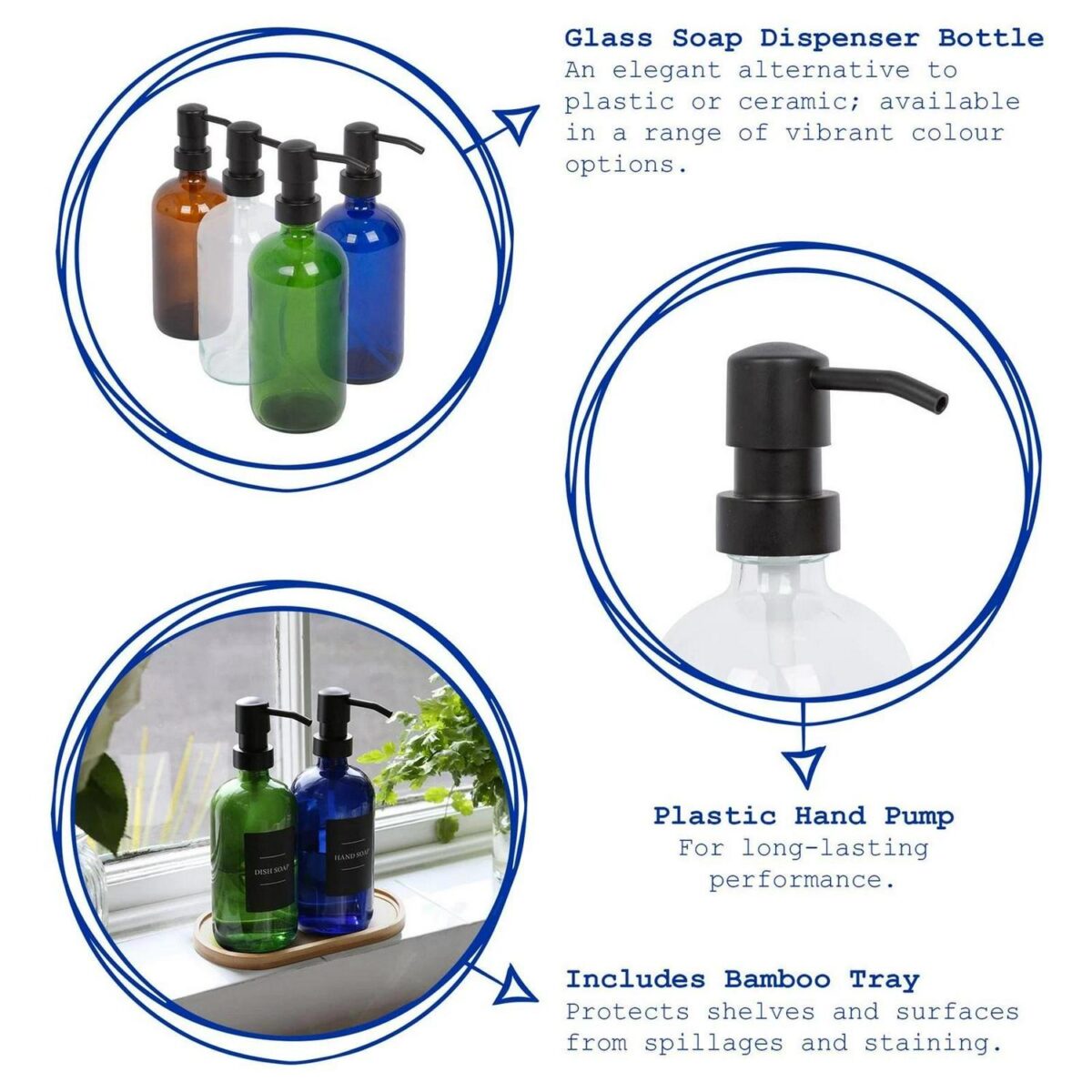 2pc Glass Soap Dispenser Set with Bamboo Tray 500ml Amber Bathroom Liquid Pump - Image 2