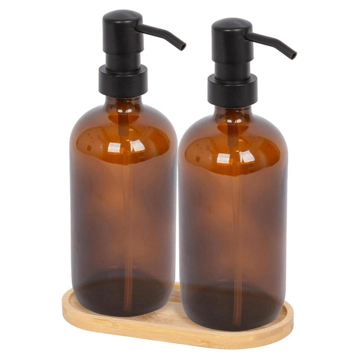 2pc Glass Soap Dispenser Set with Bamboo Tray 500ml Amber Bathroom Liquid Pump - Image 1