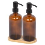 2pc Glass Soap Dispenser Set with Bamboo Tray 500ml Amber Bathroom Liquid Pump
