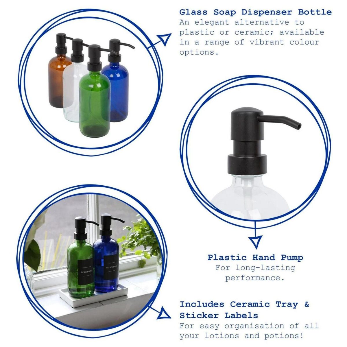2pc Glass Soap Dispenser Set with Ceramic Tray and Labels 500ml Green Liquid Pump - Image 2