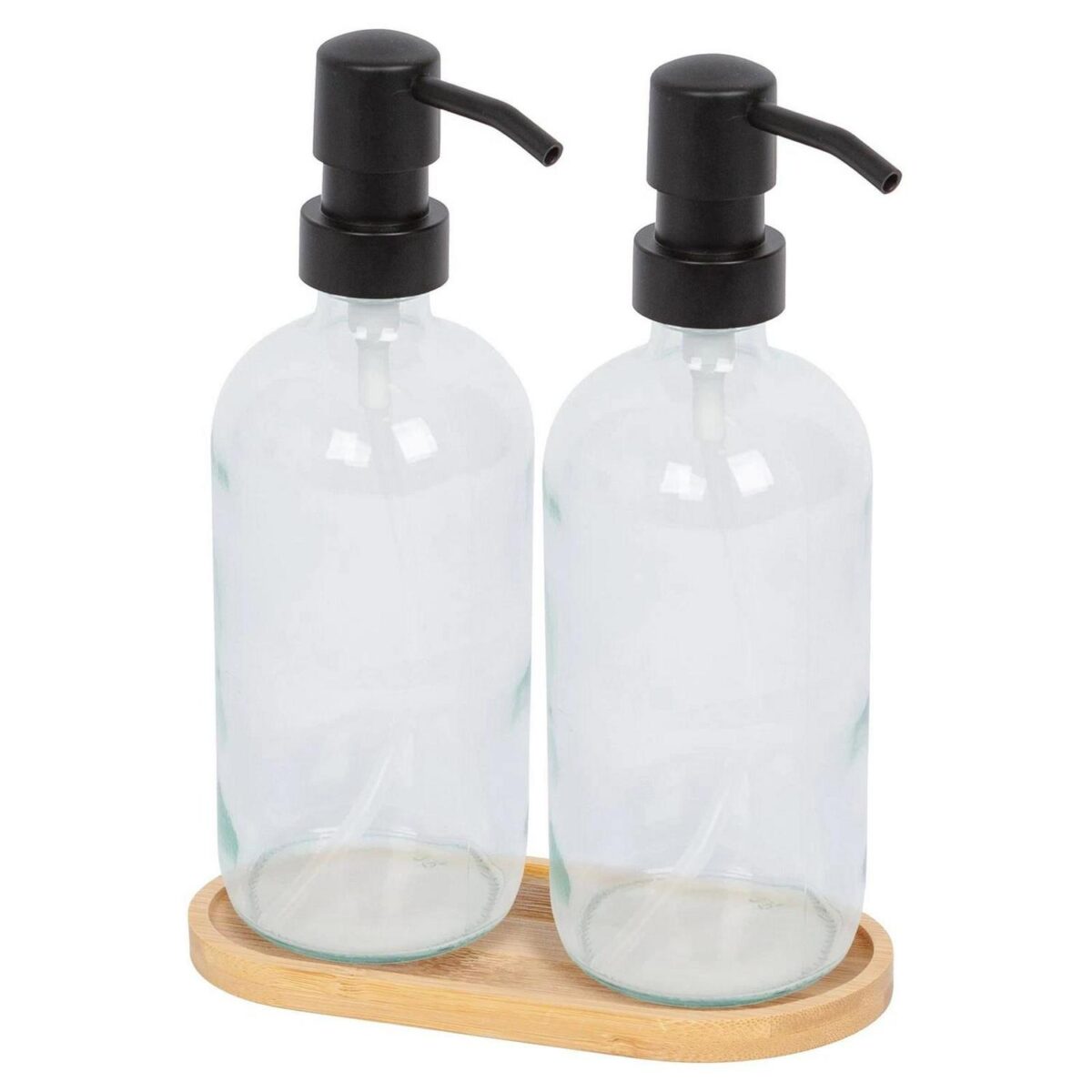 2pc Glass Soap Dispenser Set with Bamboo Tray 500ml Clear Bathroom Liquid Pump - Image 1