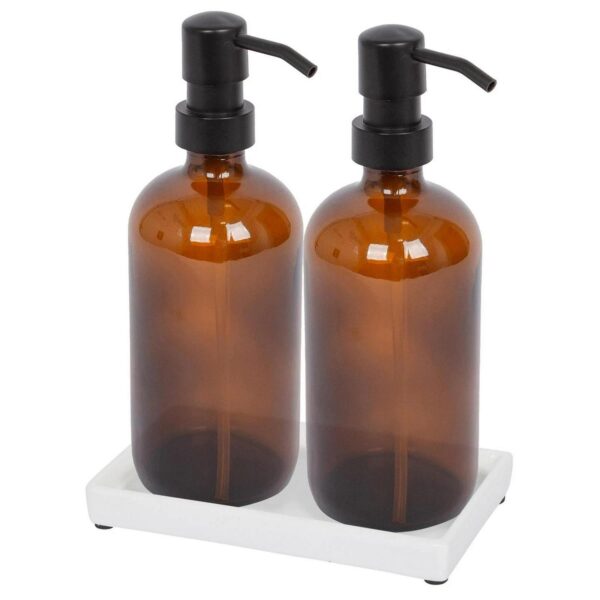 2pc Glass Soap Dispenser Set with Ceramic Tray 500ml Amber Bathroom Liquid Pump