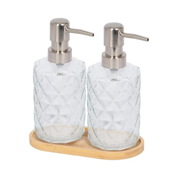 2pc Prism Glass Soap Dispenser Set with Bamboo Tray 330ml Clear Liquid Pump