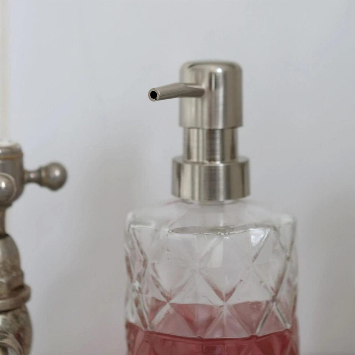 2pc Prism Glass Soap Dispenser Set with Ceramic Tray 330ml Clear Liquid Pump - Image 6