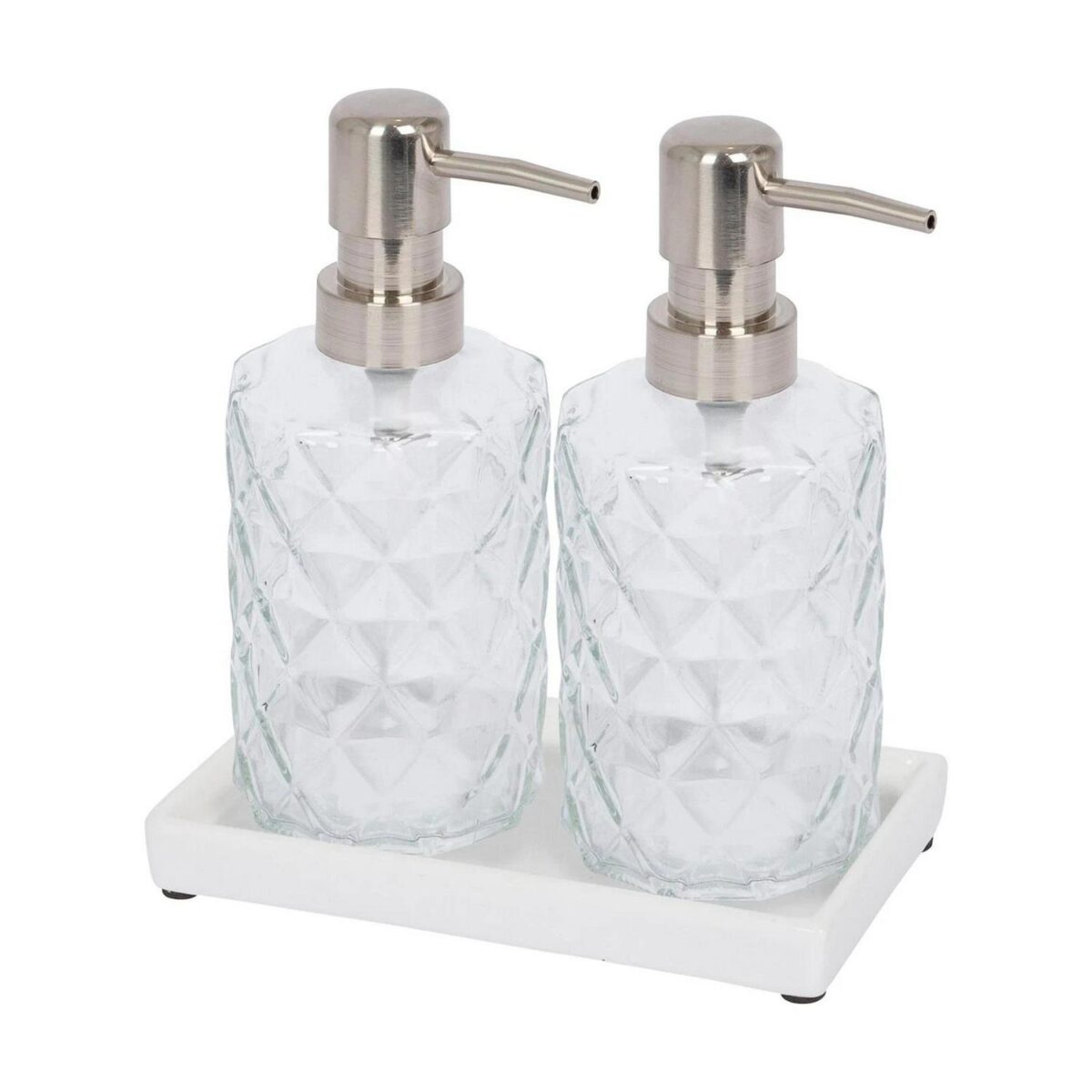 2pc Prism Glass Soap Dispenser Set with Ceramic Tray 330ml Clear Liquid Pump - Image 1