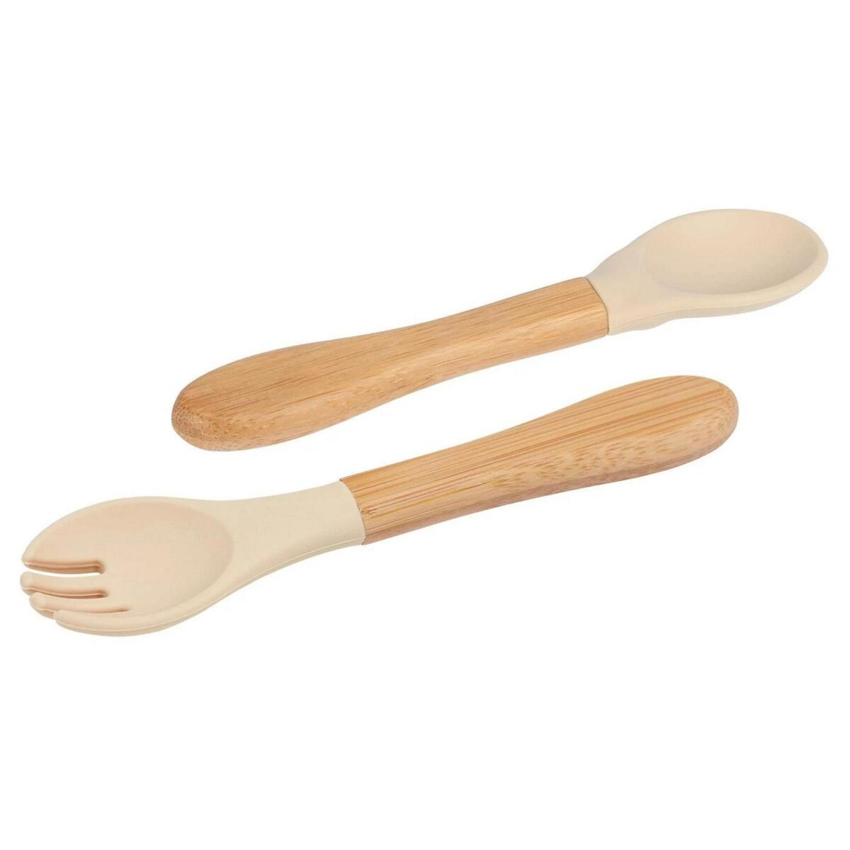 2pc Tiny Dining Beige Bamboo Baby Weaning Fork and Spoon Set Toddler Feeding - Image 1