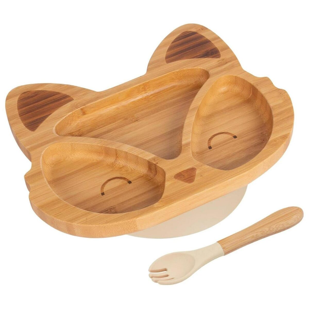 2pc Tiny Dining Beige Bamboo Fox Baby Weaning Plate and Fork Set with Suction - Image 1