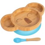 2pc Tiny Dining Blue Bamboo Koala Baby Weaning Plate and Fork Set with Suction