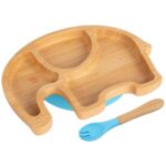 2pc Tiny Dining Blue Bamboo Elephant Baby Weaning Plate and Fork Set with Suction
