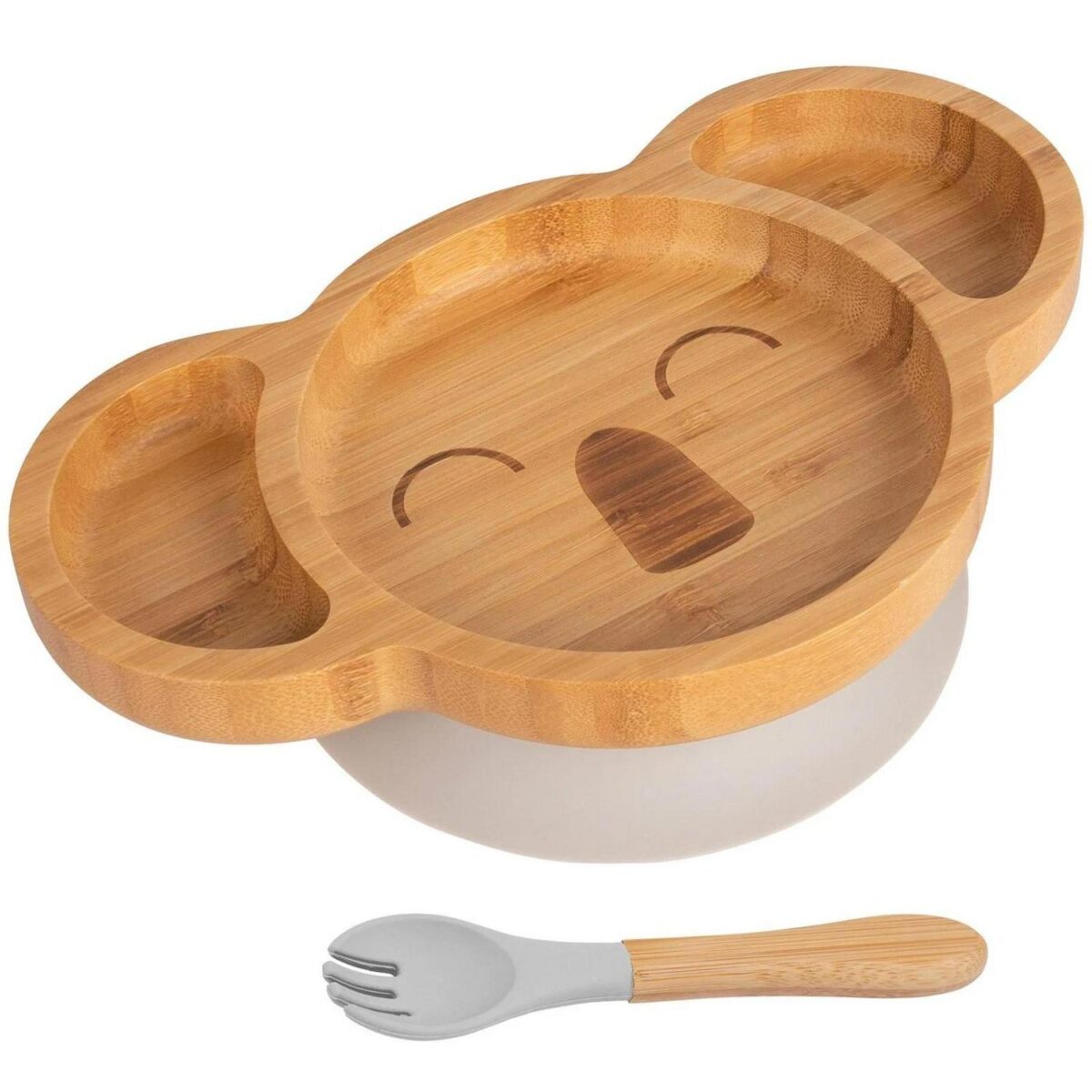 2pc Tiny Dining Grey Bamboo Koala Baby Weaning Plate and Fork Set with Suction - Image 1