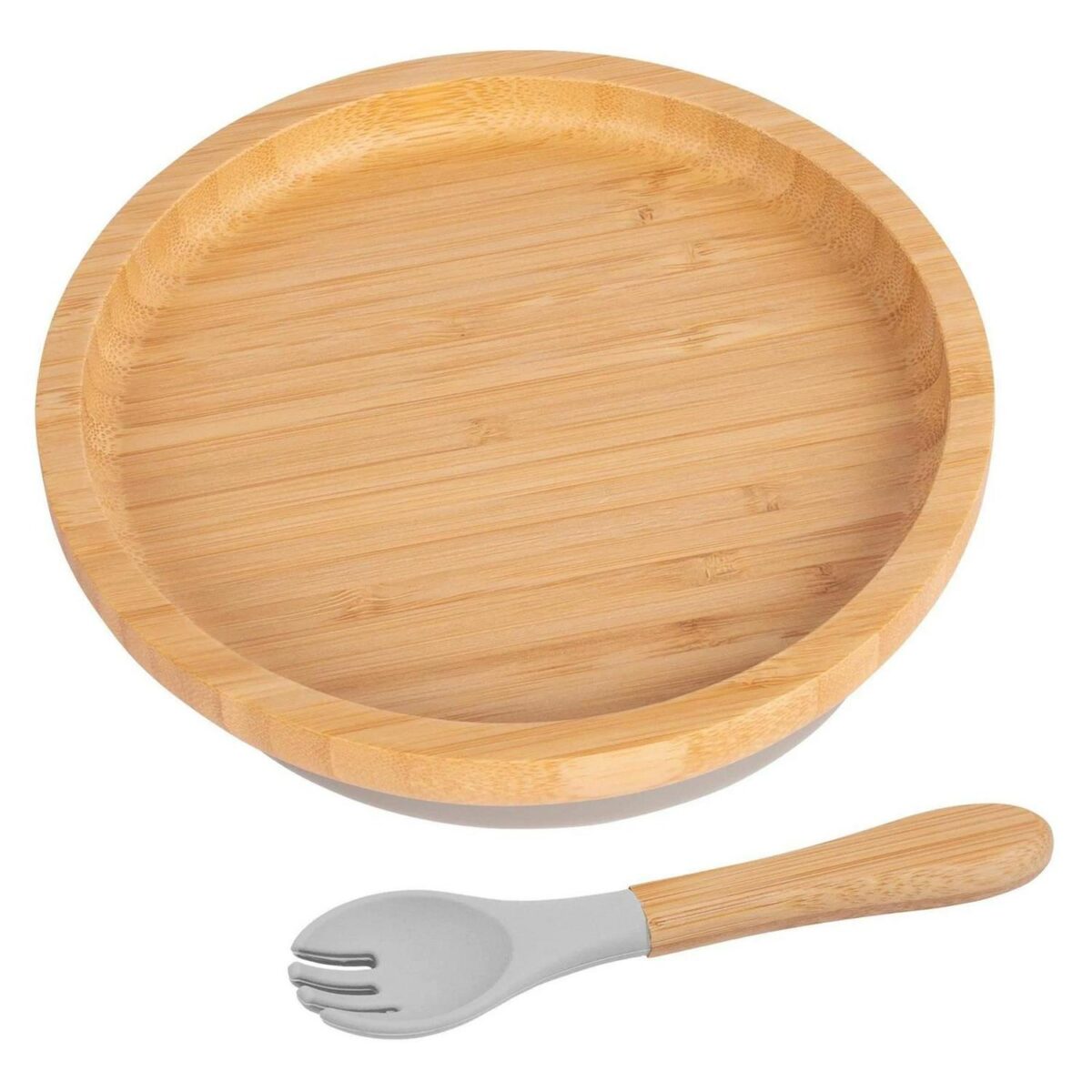 2pc Tiny Dining Grey Bamboo Round Baby Weaning Plate and Fork Set with Suction - Image 1