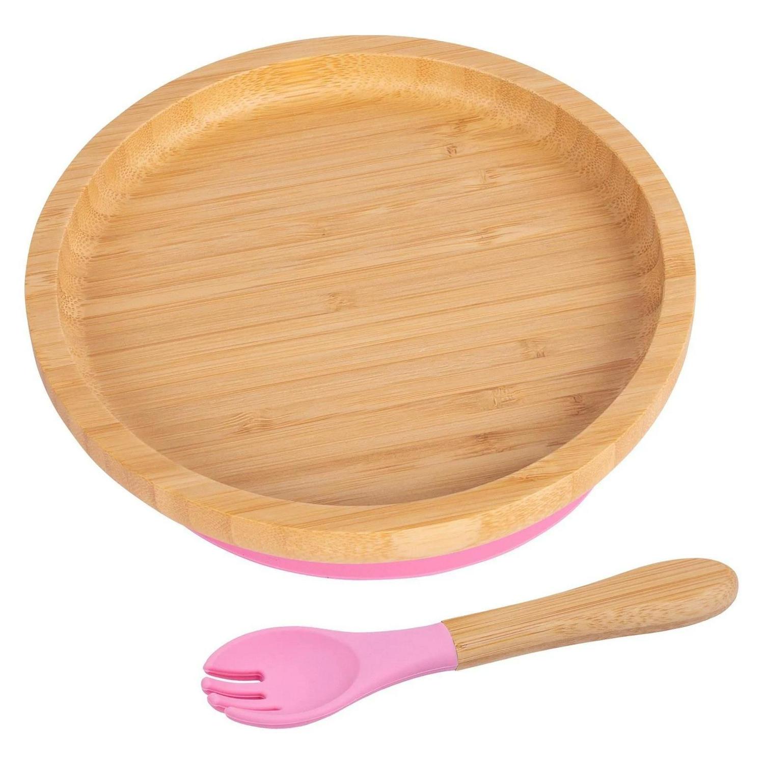 2pc_Tiny_Dining_Pink_367357ef6539da1598db2f6456b9cce5.jpg 2pc Tiny Dining Pink Bamboo Round Baby Weaning Plate and Fork Set with Suction - Image 1