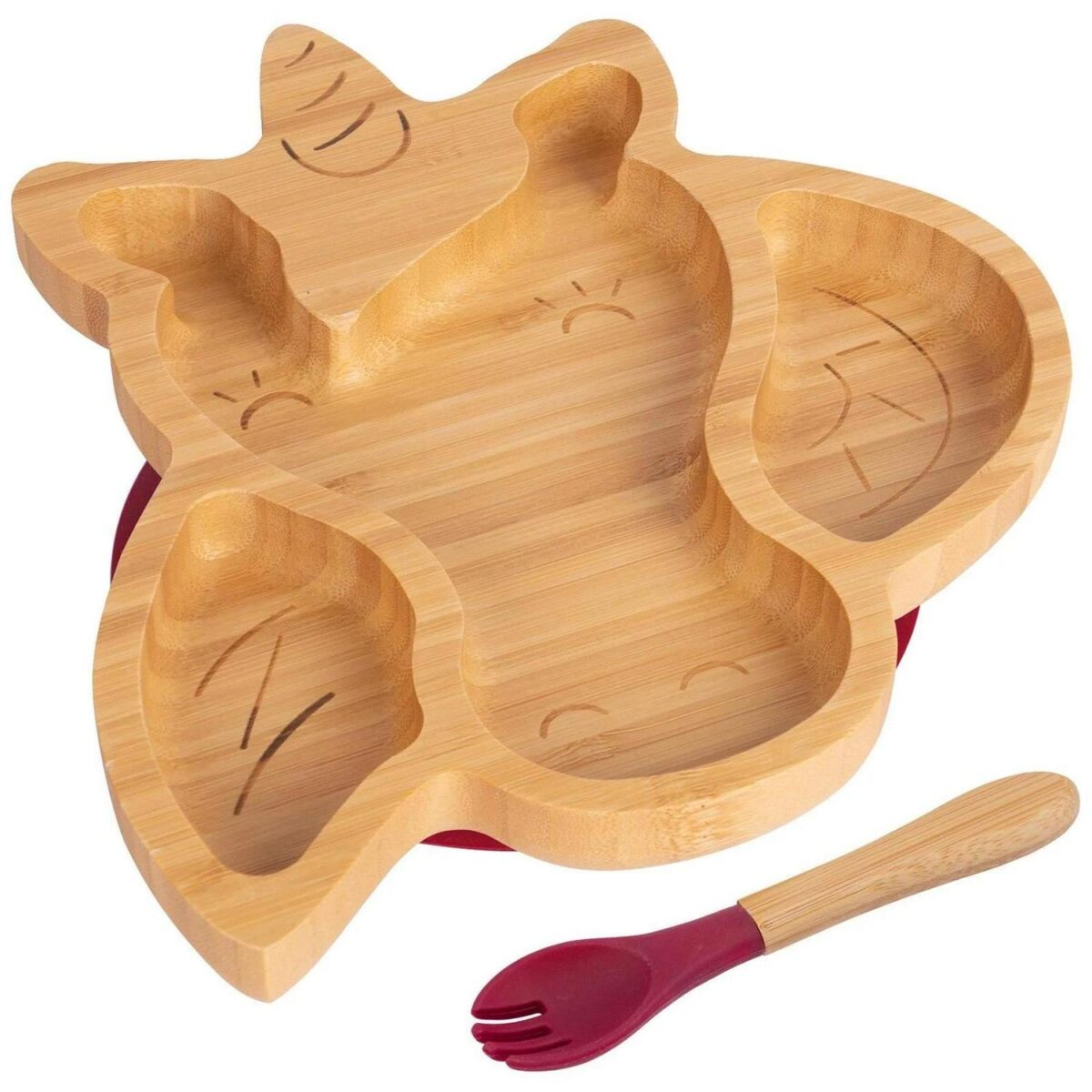 2pc Tiny Dining Red Bamboo Unicorn Baby Weaning Plate and Fork Set with Suction - Image 1