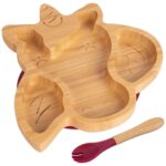 2pc Tiny Dining Red Bamboo Unicorn Baby Weaning Plate and Fork Set with Suction