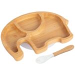 2pc Tiny Dining White Bamboo Elephant Baby Weaning Plate and Fork Set with Suction
