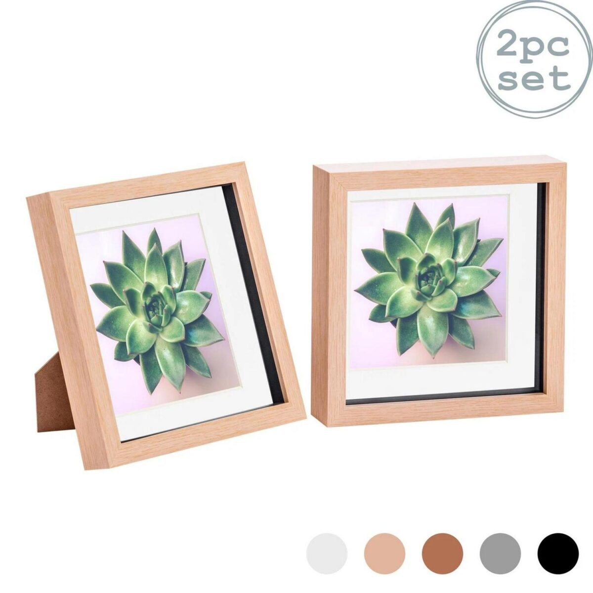2x 3D Box Photo Frames Display 8 x 8  with 6 x 6  Mount Light Wood/White - Image 1