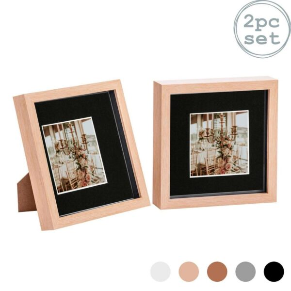 2x 3D Box Photo Frames Display 8 x 8  with 4 x 4  Mount Light Wood/Black