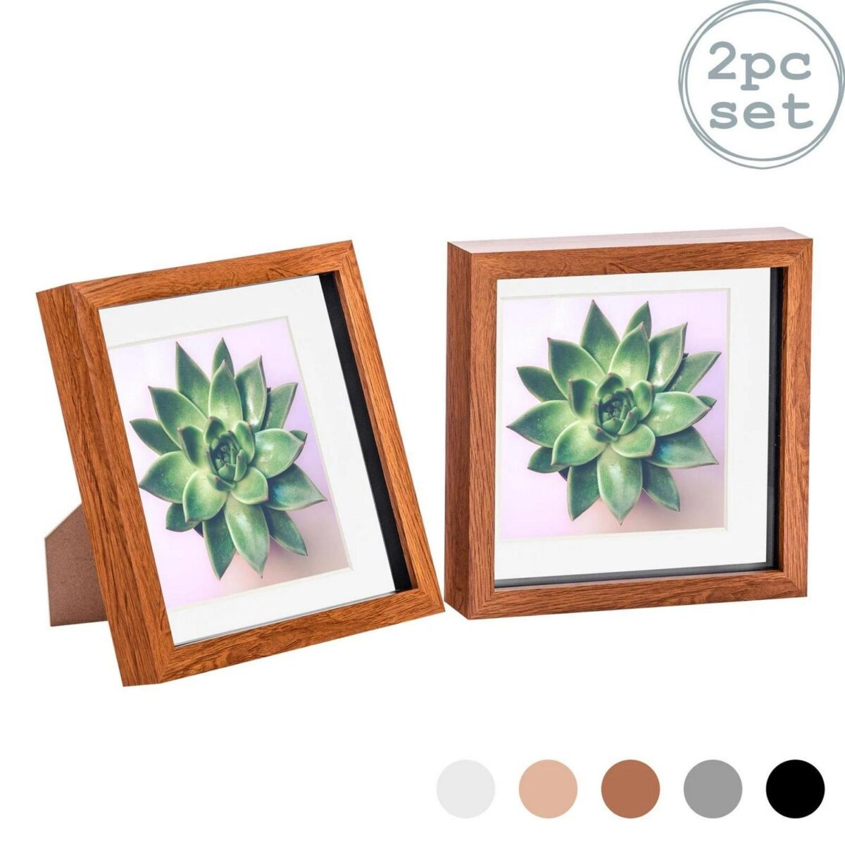 2x 3D Box Photo Frames Picture Display 8 x 8  with 6 x 6  Mount Dark Wood/White - Image 1