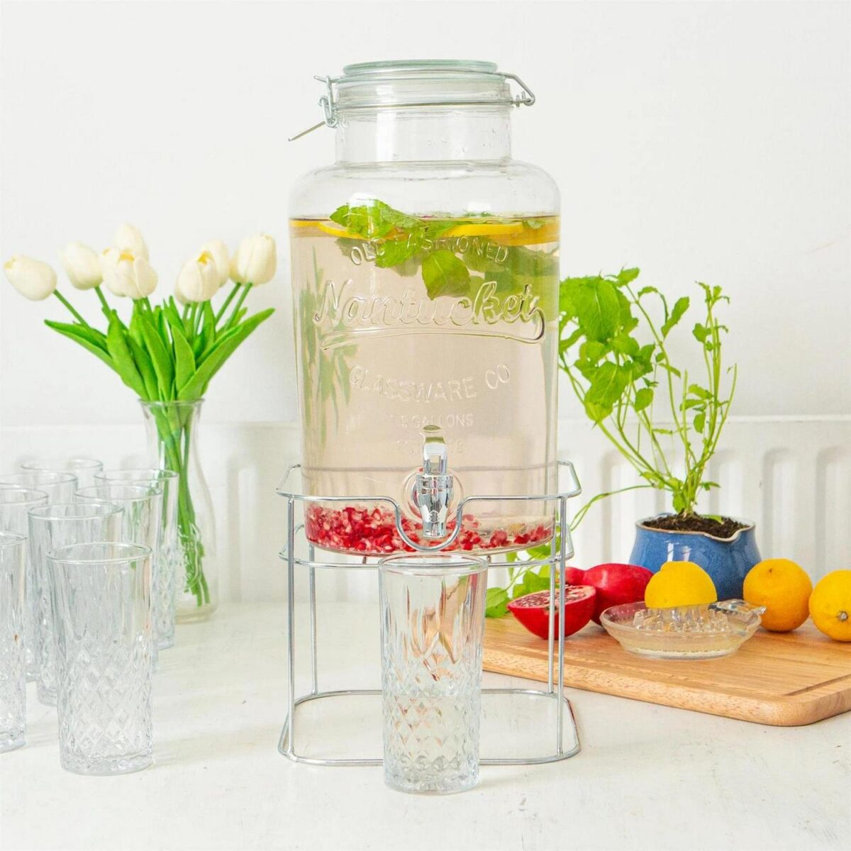 2x 6.5L Glass Drinks Dispensers with Tap and Chrome Stand Cold Water Lemonade Jug - Image 4