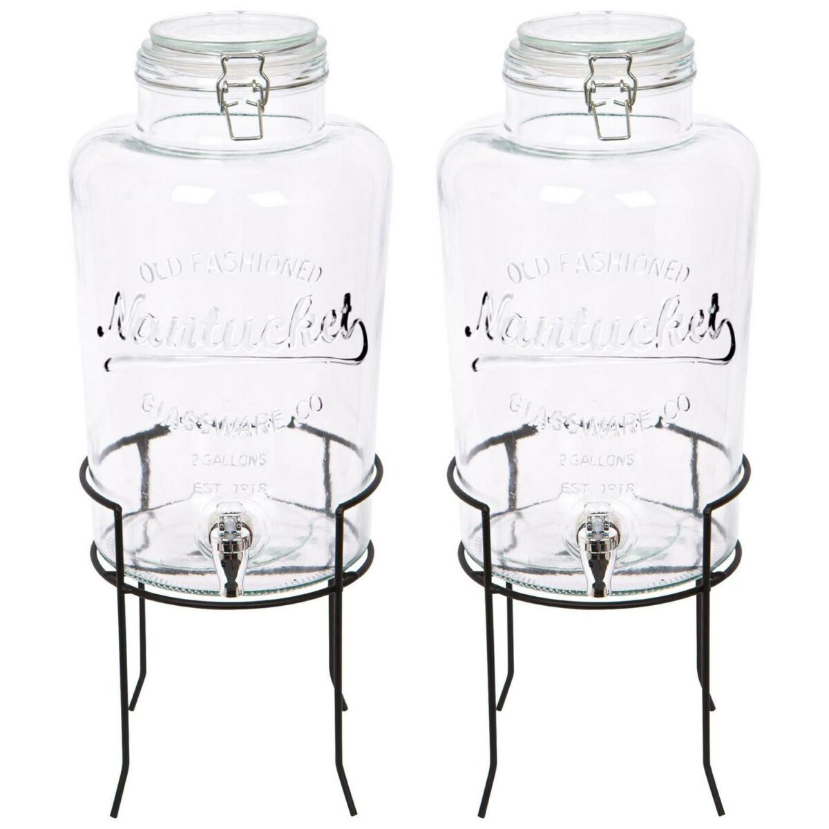 2x 8.7L Glass Drinks Dispensers with Tap and Black Stand Cold Water Lemonade Jug - Image 1