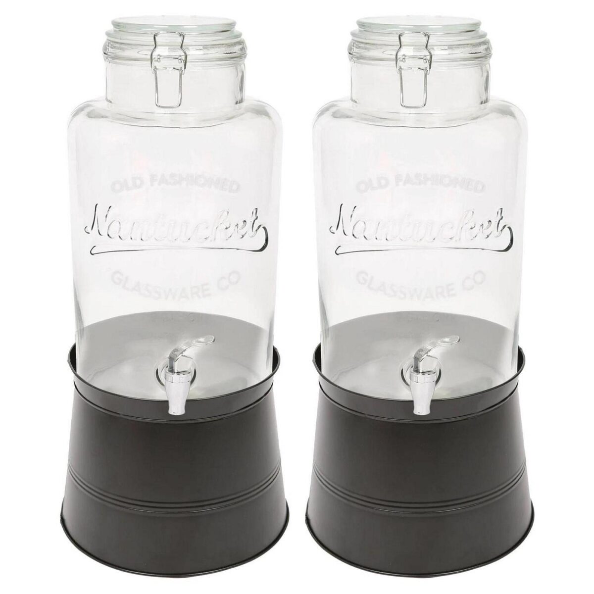 2x 8.7L Glass Drinks Dispensers with Tap and Black Bucket Stand Cold Water Jug - Image 1