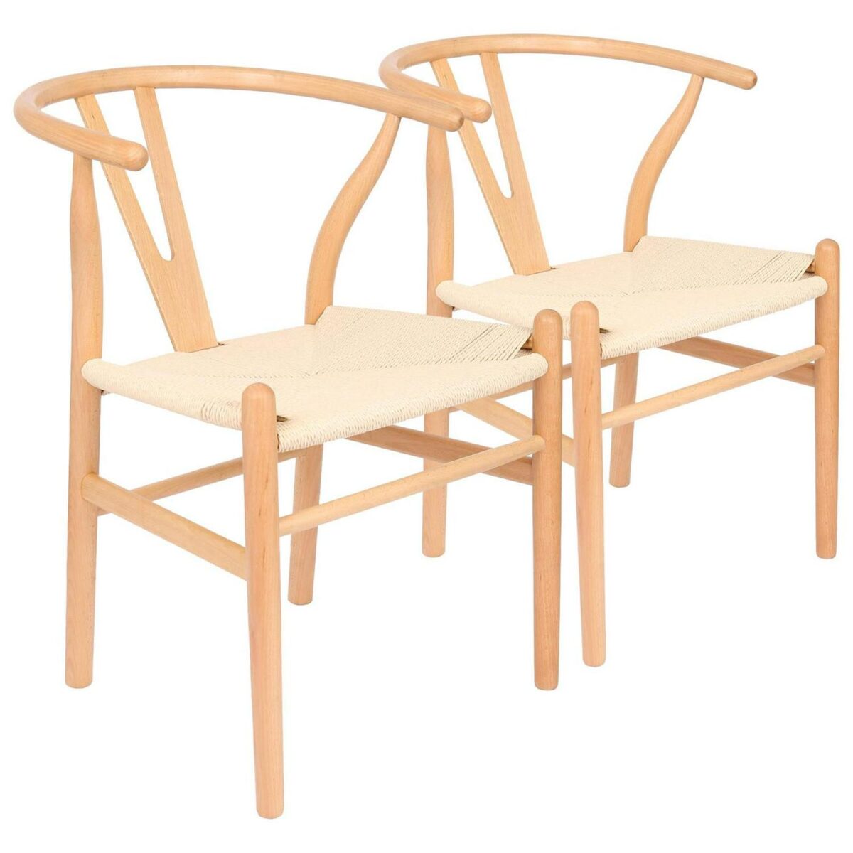 2x Beech Wooden Wishbone Dining Chairs Natural/Natural Mid-Century Modern Seat - Image 1