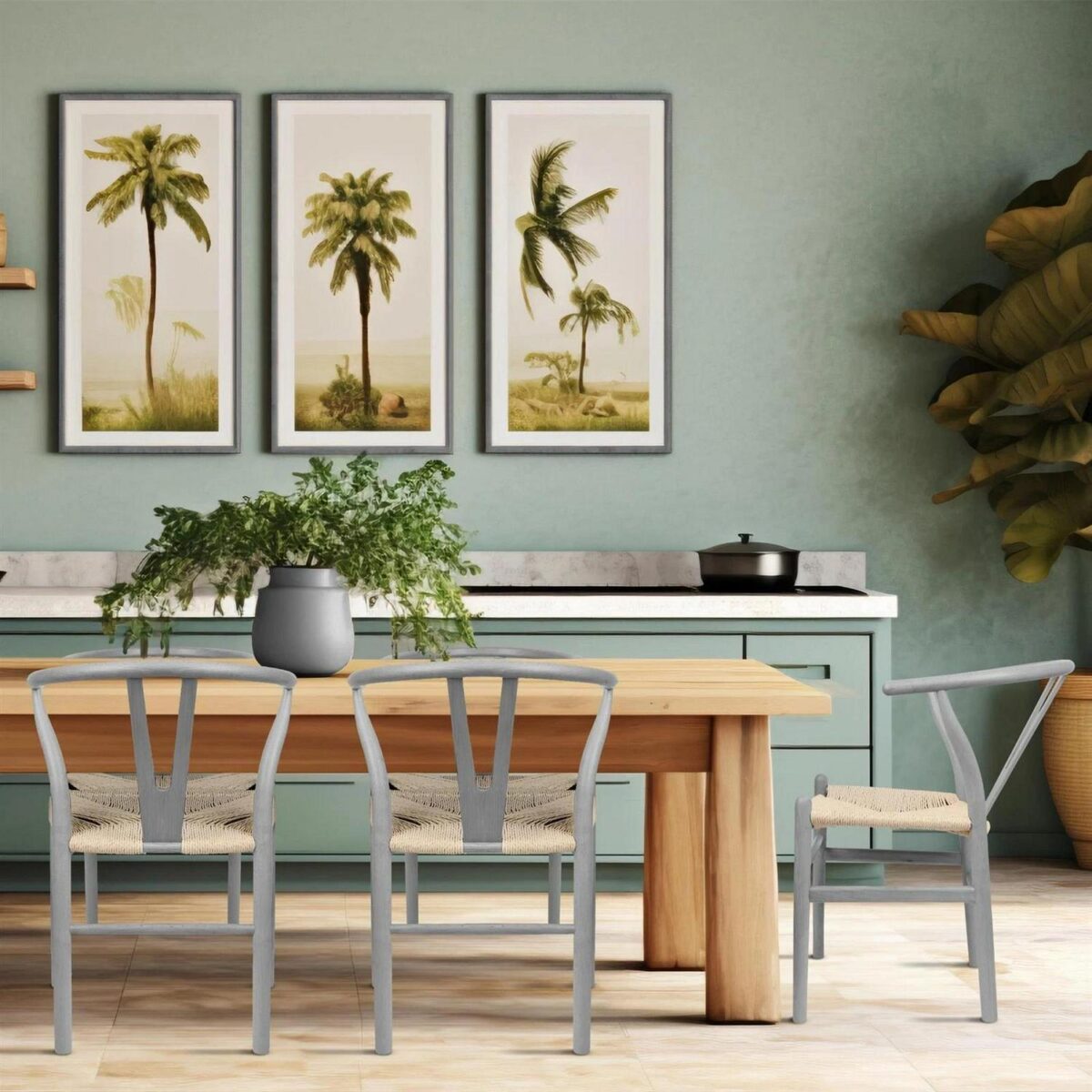 2x Beech Wooden Wishbone Dining Chairs Grey/Natural Mid-Century Modern Seat - Image 6