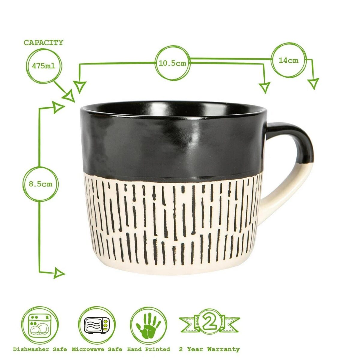 2x Black 450ml Dipped Dash Stoneware Coffee Mugs Large Ceramic Tea Cups Set - Image 3
