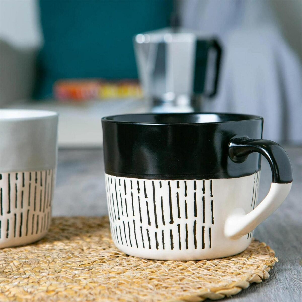 2x Black 450ml Dipped Dash Stoneware Coffee Mugs Large Ceramic Tea Cups Set - Image 6