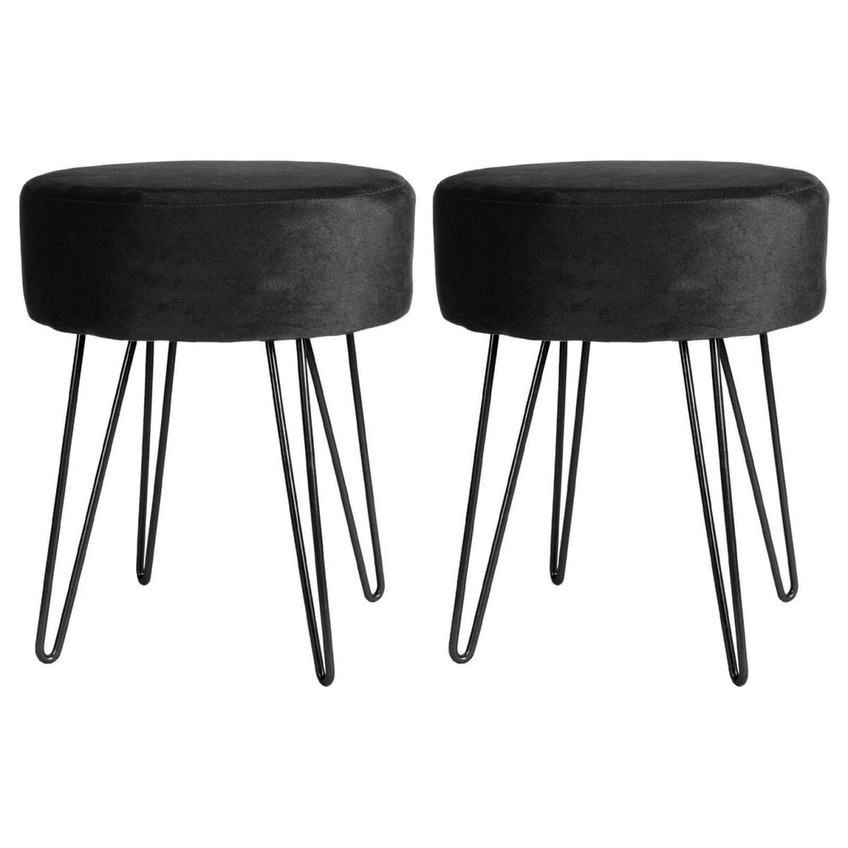 2x Black/Black H40 x D35cm Round Velvet Footstools Ottoman Stool Pouffe Seat - Image 1