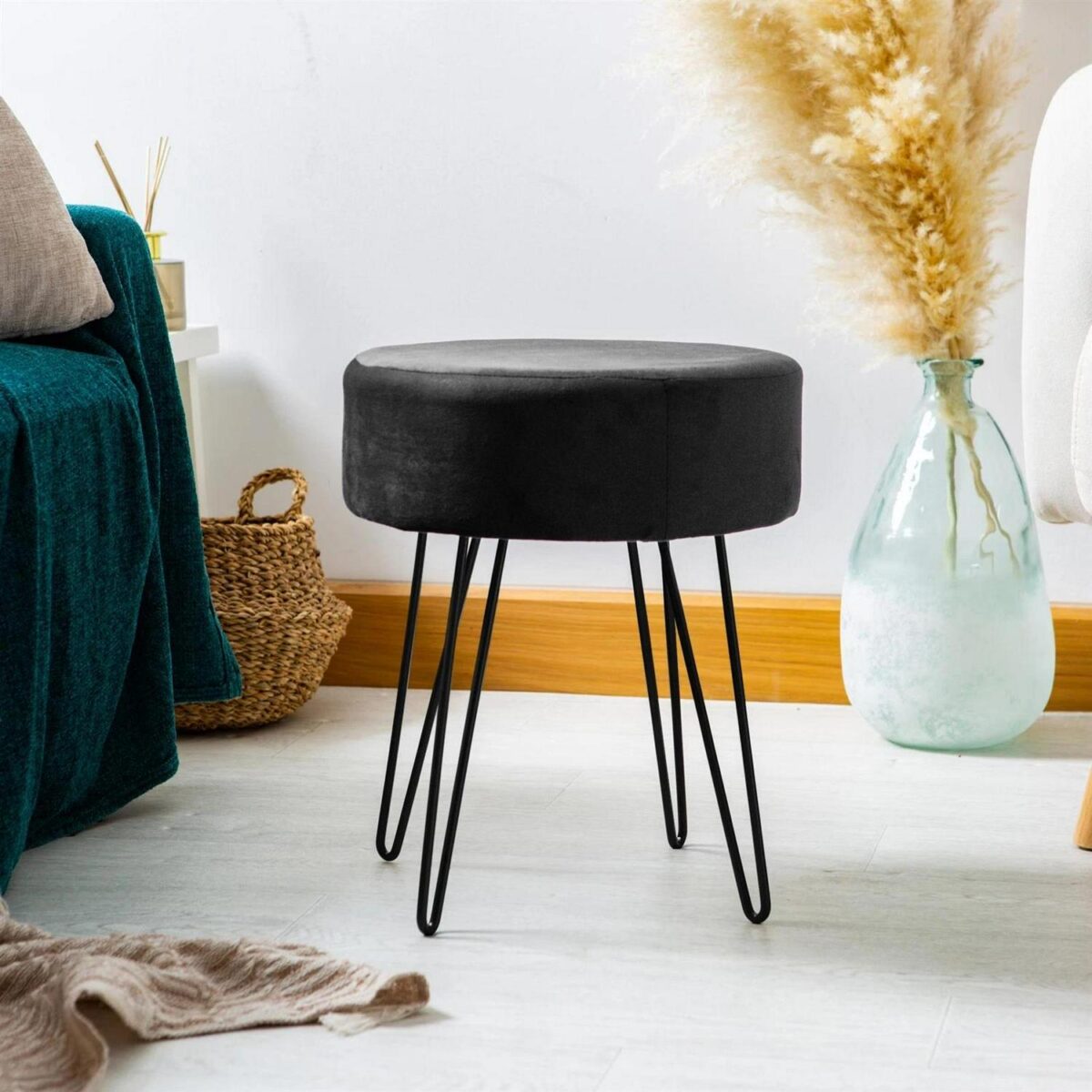 2x Black/Black H40 x D35cm Round Velvet Footstools Ottoman Stool Pouffe Seat - Image 7