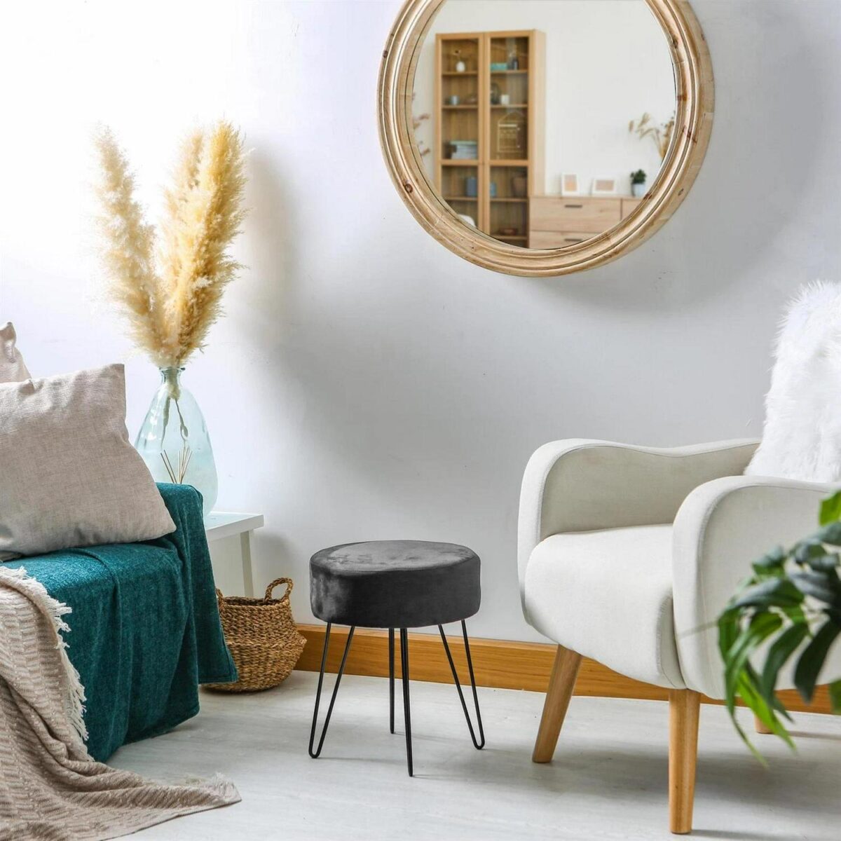 2x Black/Black H40 x D35cm Round Velvet Footstools Ottoman Stool Pouffe Seat - Image 6