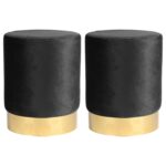 2x Black H36 x D29cm Round Velvet Footstools Foot Stool Pouffe Seat