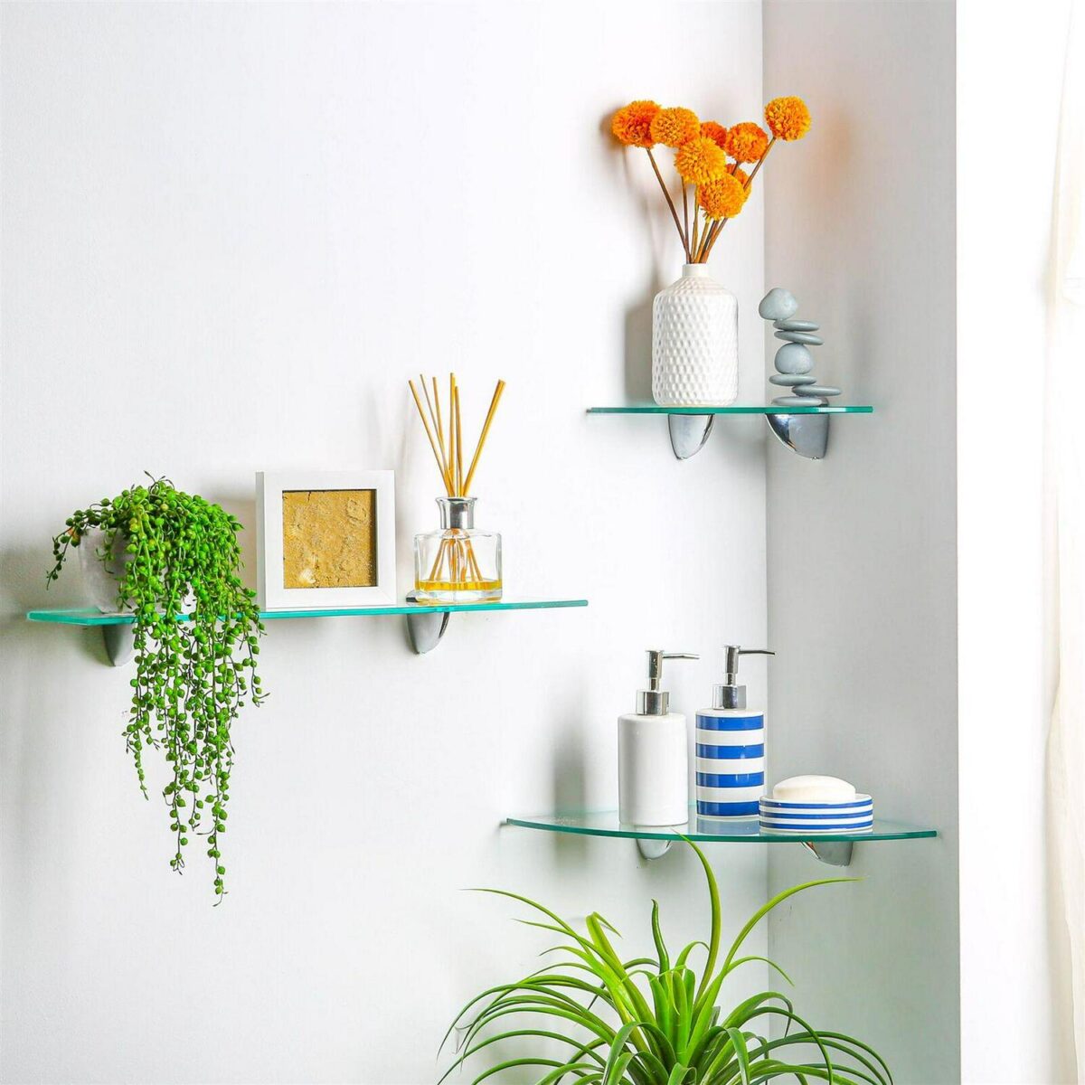 2x Clear 30cm Floating Glass Corner Shelves Bathroom Shelf with Chrome Brackets - Image 7