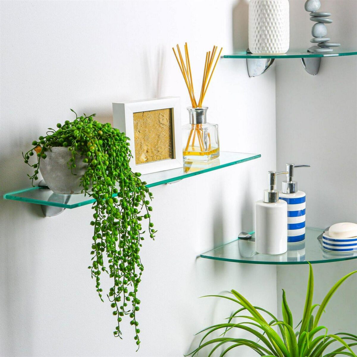 2x Clear 30cm Floating Glass Corner Shelves Bathroom Shelf with Chrome Brackets - Image 6