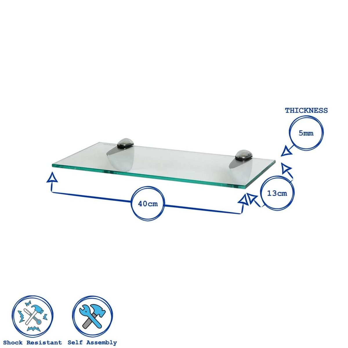 2x Clear 40cm Floating Glass Wall Shelves Bathroom Shelf with Chrome Brackets - Image 10