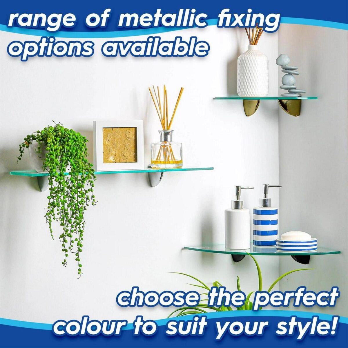 2x Clear 40cm Floating Glass Wall Shelves Bathroom Shelf with Chrome Brackets - Image 5