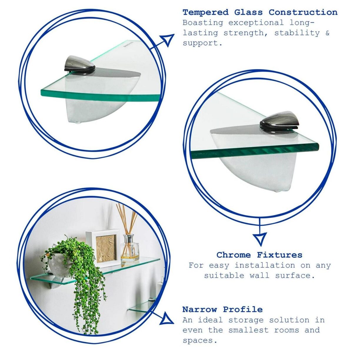 2x Clear 40cm Floating Glass Wall Shelves Bathroom Shelf with Chrome Brackets - Image 9