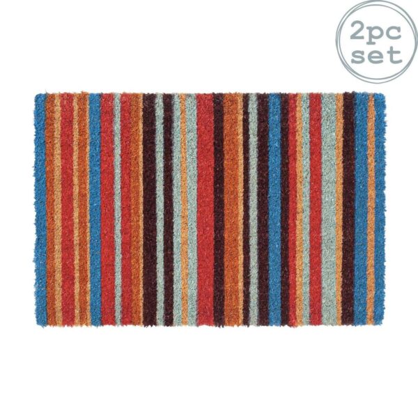 2x Coir Door Mats Natural Indoor Outdoor Welcome Mats 90 x 60cm Pinstripe