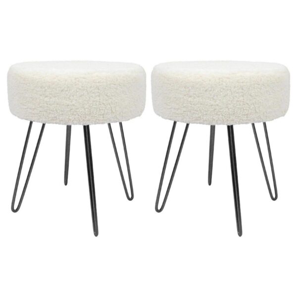 2x Cream/Black H41 x D35cm Round Boucle Footstools Ottoman Stool Pouffe Seat