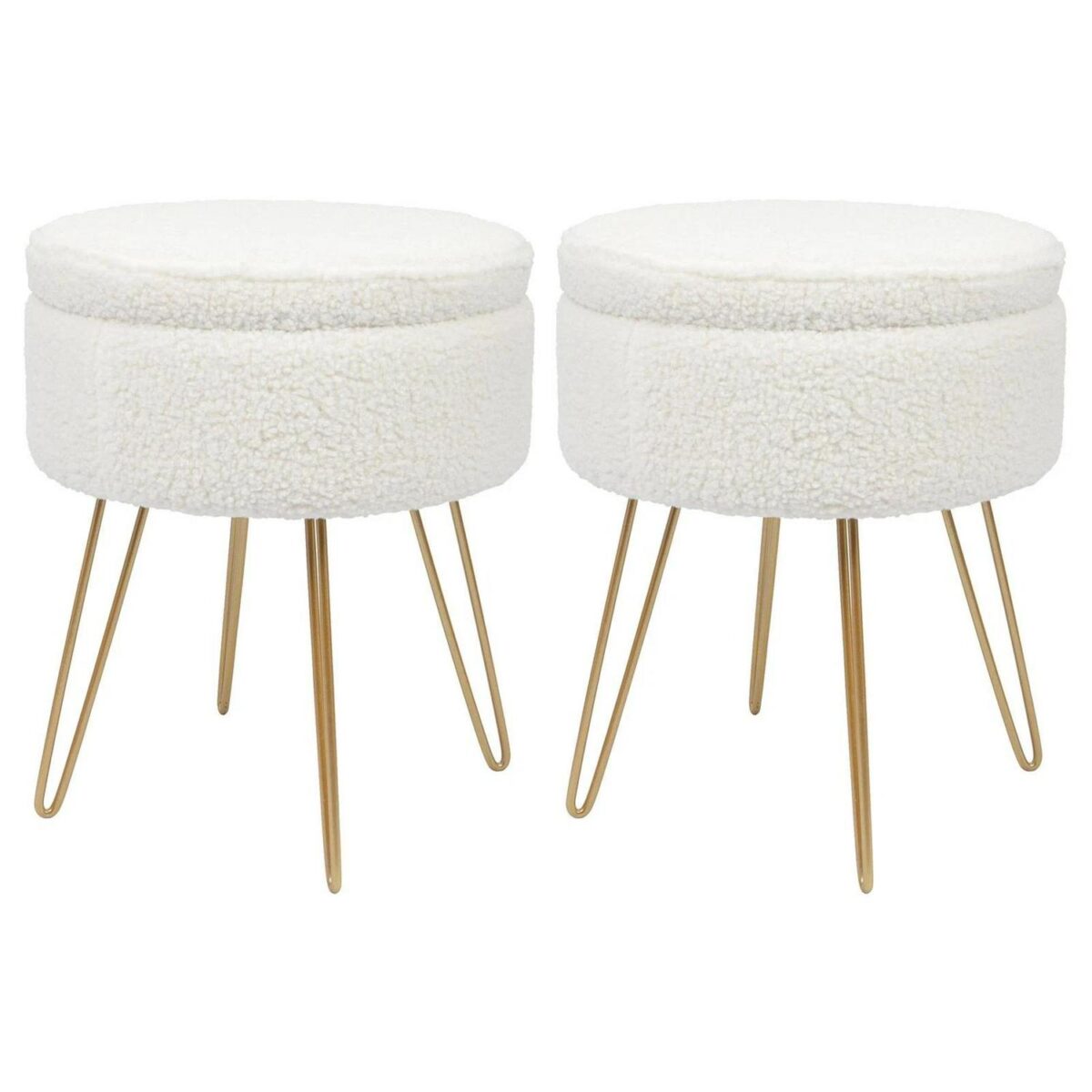 2x Cream/Gold H46 x D37cm Round Boucle Storage Footstools Ottoman Stool Seat - Image 1