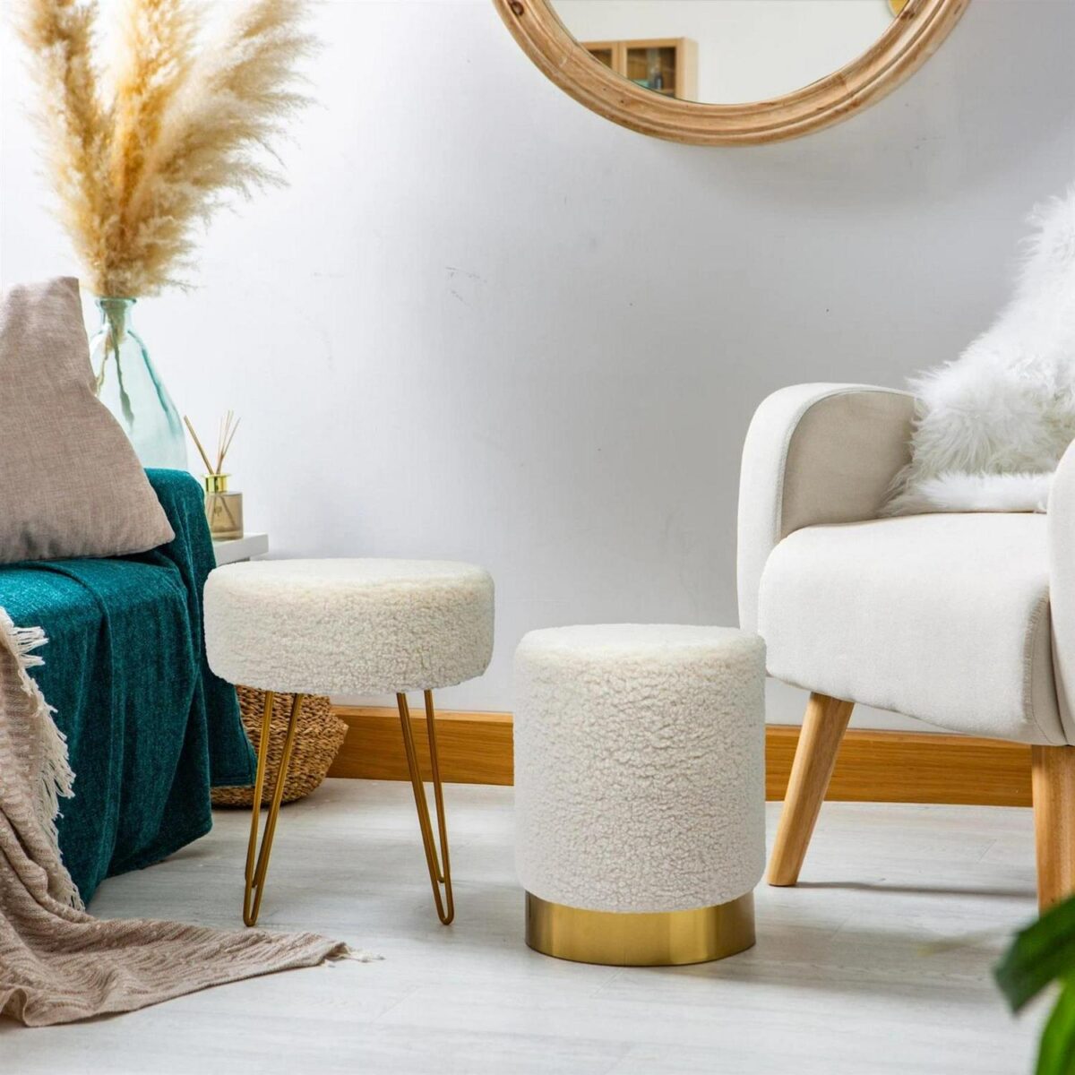 2x Cream H36 x D29cm Round Boucle Footstools Ottoman Foot Stool Pouffe Seat - Image 7
