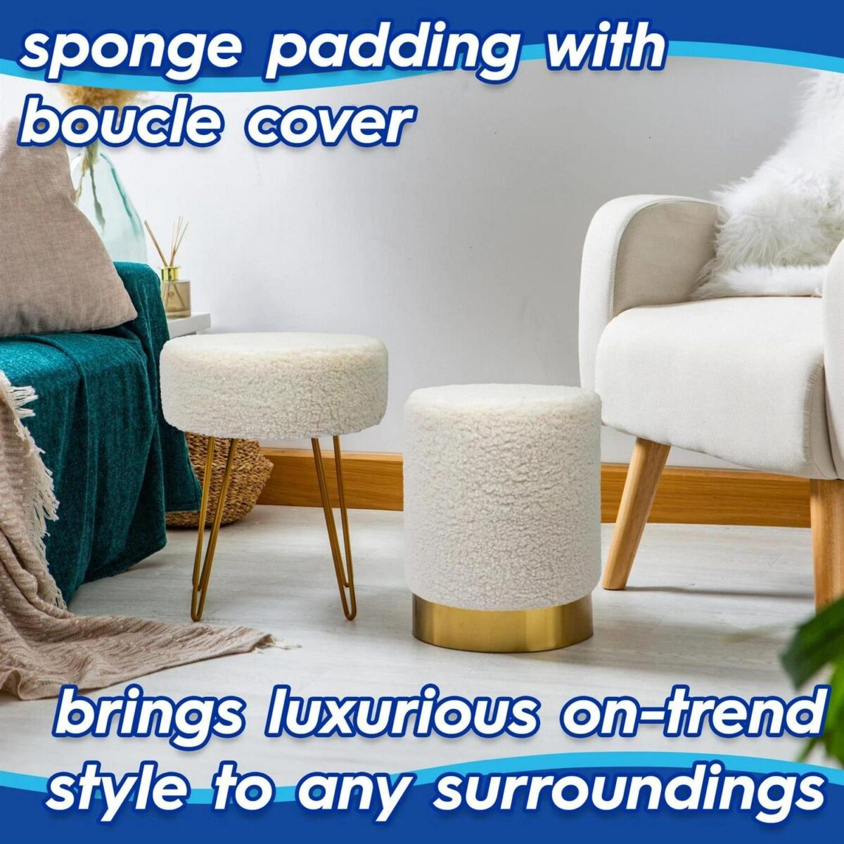 2x Cream H36 x D29cm Round Boucle Footstools Ottoman Foot Stool Pouffe Seat - Image 3